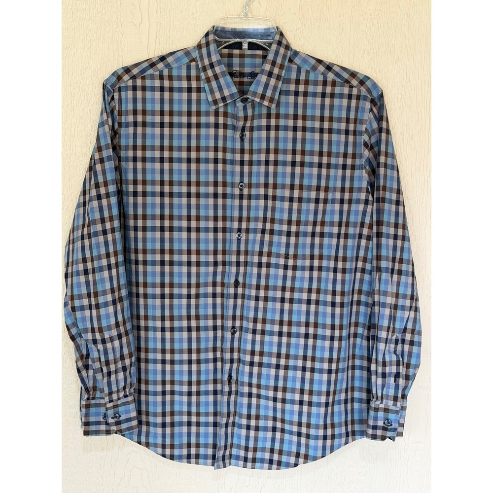 Tasso Elba Mens Blue Brown Plaid LS Button Down Shirt 100% Cotton L 16-16.5